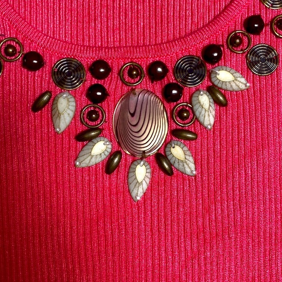 Ruby Red Salmon Pink Beautifully Embellished Neckline Rayon/Nylon Blend Tank Top - Picture 5 of 10